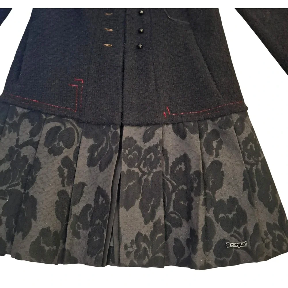 Desigual Black Boucle Wool Blend Floral Pleated Skirt Coat Jacket Womens 36